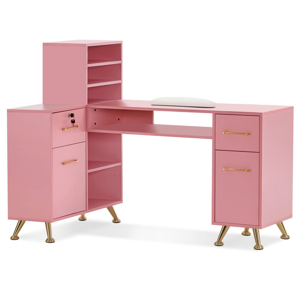 BarberPub L-Shaped Manicure Table with Drawers and Shelves for Storage, Salon Corner Nail Desk, Makeup Dressing Station 2866 (Pink)