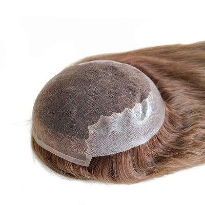 AIRAO Q6 Swiss Lace PU Thin Skin Back Sides Women Toupee with Human Hair Piece System Size 7"9" Hair Length 14 Inch Brown 6#