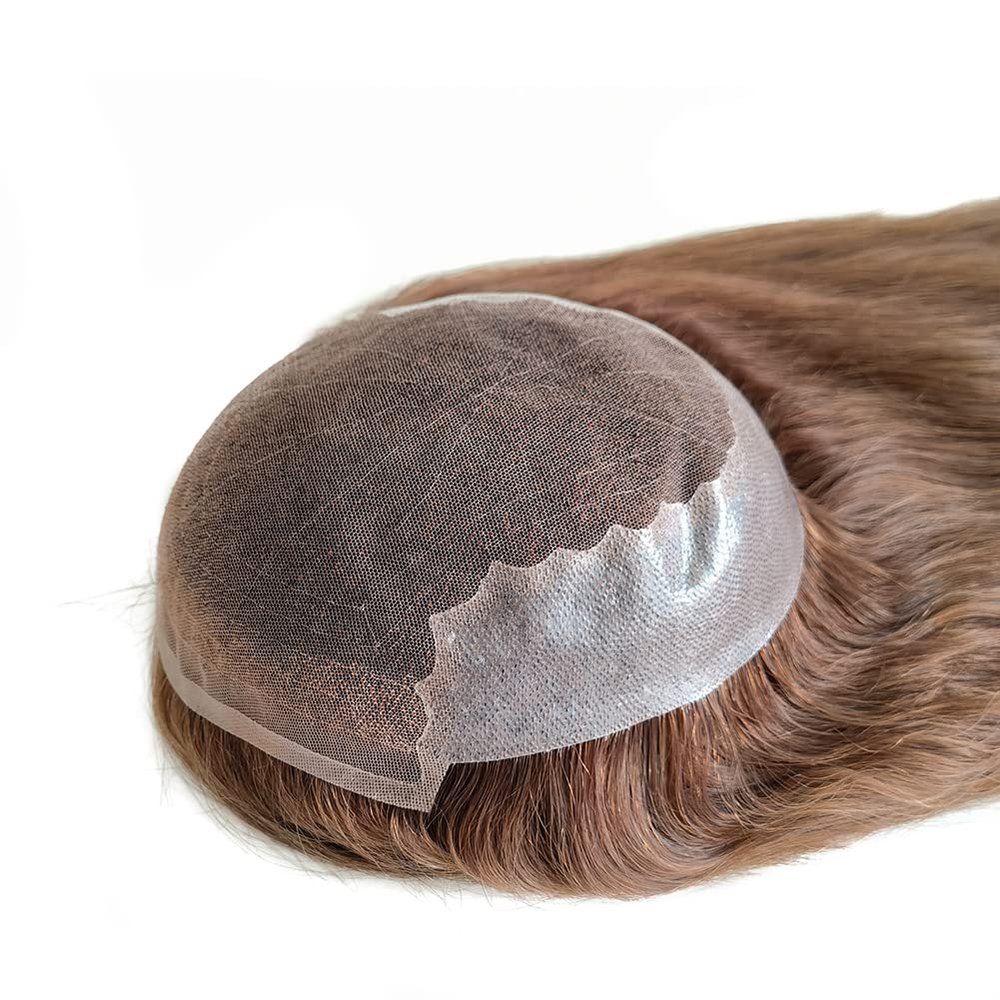 AIRAO Q6 Swiss Lace PU Thin Skin Back Sides Women Toupee with Human Hair Piece System Size 7"9" Hair Length 14 Inch Brown 6#