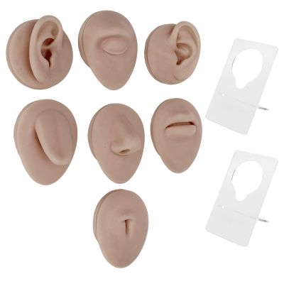 Soft Silicone Flexible Model Body Part, Silicone Nose Tongue Mouth Eye Navel Ear Model Fake Ear with 2 Base for Piercing Practice Acupuncture and Jewelry Display Teaching Tool (Dark Skin Colour)