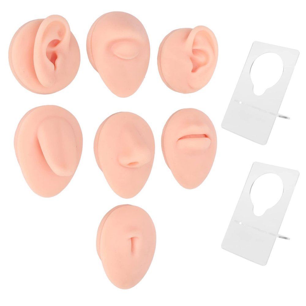 Soft Silicone Flexible Model Body Part, Silicone Nose Tongue Mouth Eye Navel Ear Model Fake Ear with 2 Base for Piercing Practice Acupuncture and Jewelry Display Teaching Tool (Light Skin Colour)