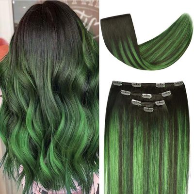 18" Clip in Hair Extensions Remy Human Hair Teal Balayage for Women - Silky Straight 100% Real Human Hair 60grams 4pieces #(1B/Teal) T1B Color