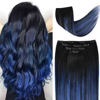 18" Clip in Hair Extensions Remy Human Hair Blue Balayage for Women - Silky Straight 100% Real Human Hair 60grams 4pieces #(1B/Blue) T1B Color