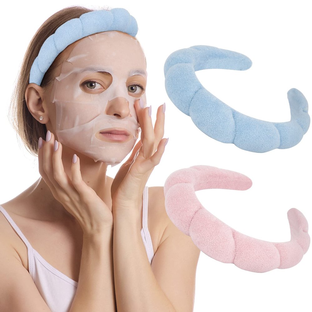 AMCAMI 2PCS Mimi and Co Spa Headband for Women Sponge Headbands for Girls Terry Towel Cloth Fabric Head Band for Face Washing, Skincare, Makeup Removal, Shower, Hair Accessories (Pink&Blue)
