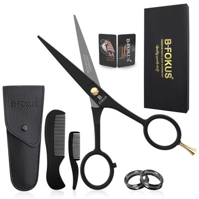 5" Professional Beard and Mustache Scissors, Black Color Beard Scissors Come with 1 Beard Comb, 1 Mustache Comb, 2 Stickers and Durable Pouch. Grooming Scissor for All Facial Hair Scissors (Black)