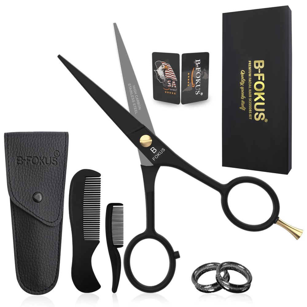 5" Professional Beard and Mustache Scissors, Black Color Beard Scissors Come with 1 Beard Comb, 1 Mustache Comb, 2 Stickers and Durable Pouch. Grooming Scissor for All Facial Hair Scissors (Black)
