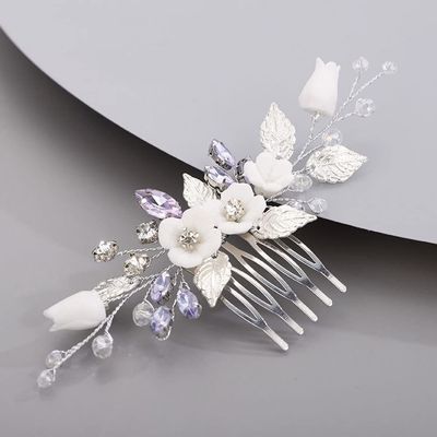 Chargances Wedding Purple Rhinestone Hair Comb Bridal White Flower Leaf Hair Side Comb Silver Crystal Handmade Headpiece Hair Accessories for Women (Lavender)