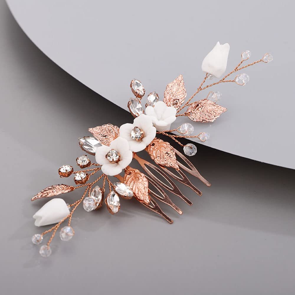 Chargances Wedding White Flower Hair Comb Bridal Rhinestone Leaf Crystal Hair Side Comb Rose Gold Handmade Headpiece Hair Accessories for Women and Girls (Rose Gold)