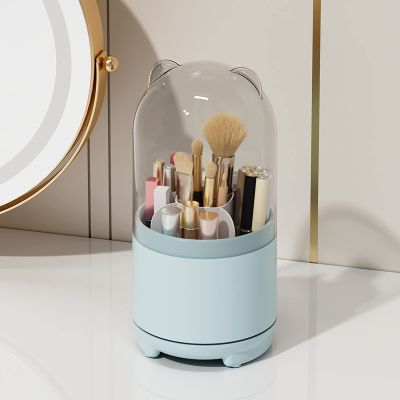 LtyTz Cute Makeup Brush Holder Organizer with Lid, Rotating Dustproof Make Up Brushes Container with Clear Acrylic Cover for Vanity Desktop Bathroom Countertop