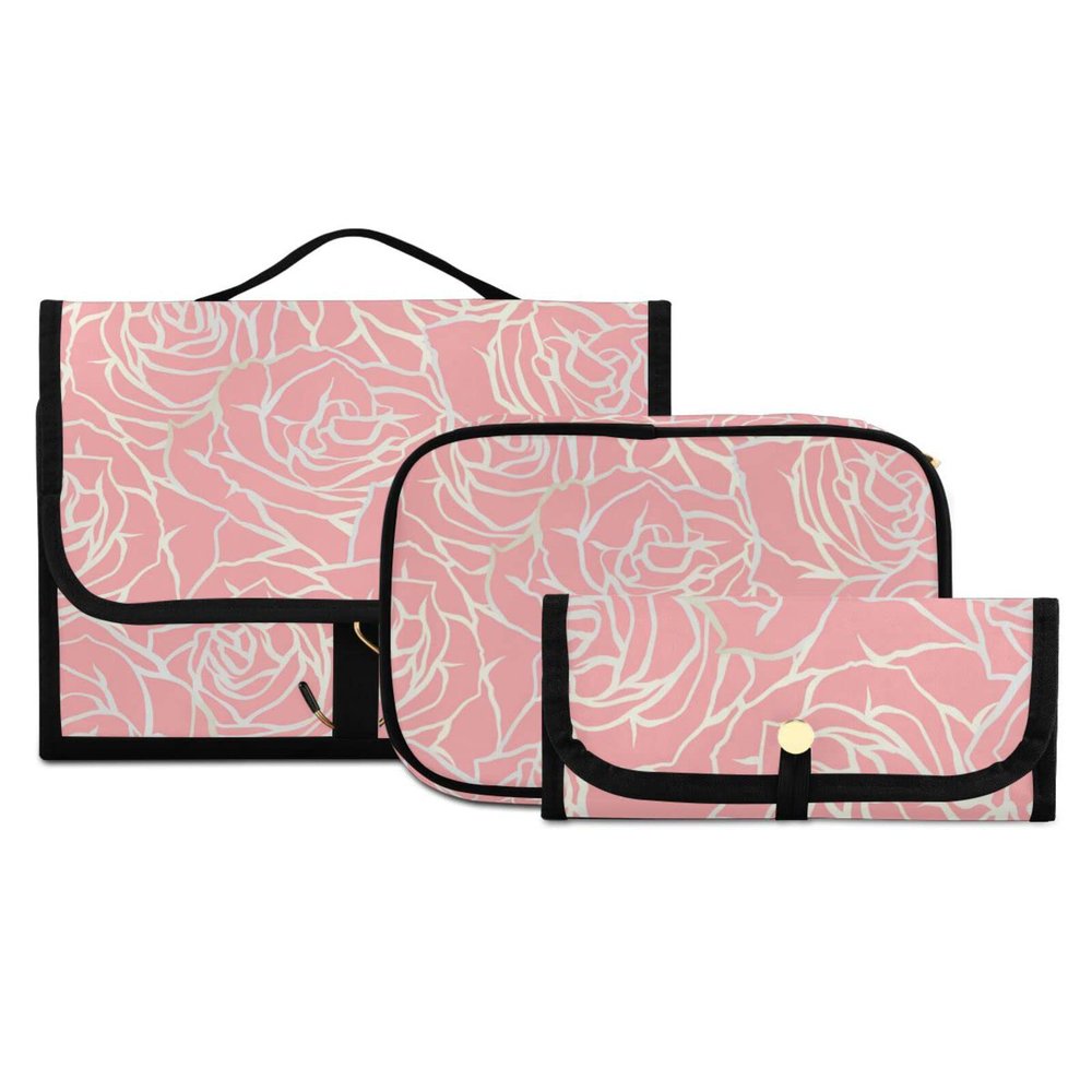 susiyo Pink Bright Line Roses Toiletry Bag Set of 3 Portable Travel Cosmetic Case Makeup Brush Organizer for Women and Girls