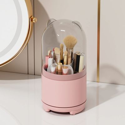 LtyTz Cute Makeup Brush Holder Organizer with Lid, Rotating Dustproof Make Up Brushes Container with Clear Acrylic Cover for Vanity Desktop Bathroom Countertop