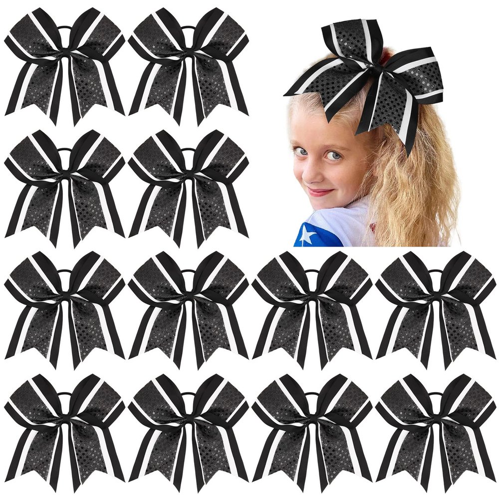 12 PCS 8" Large Glitter Cheer Bows Shiny Girl Hair Bows Ponytail Holder Sparkly Black Cheerleading Softball Team Bow Hair Accessories