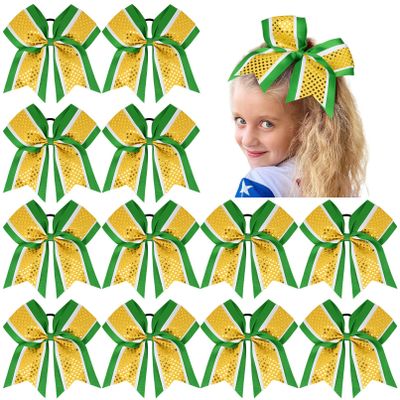 12 PCS 8" Large Glitter Cheer Bows Shiny Girl Hair Bows Ponytail Holder Sparkly Green Cheerleading Softball Team Bow Hair Accessories