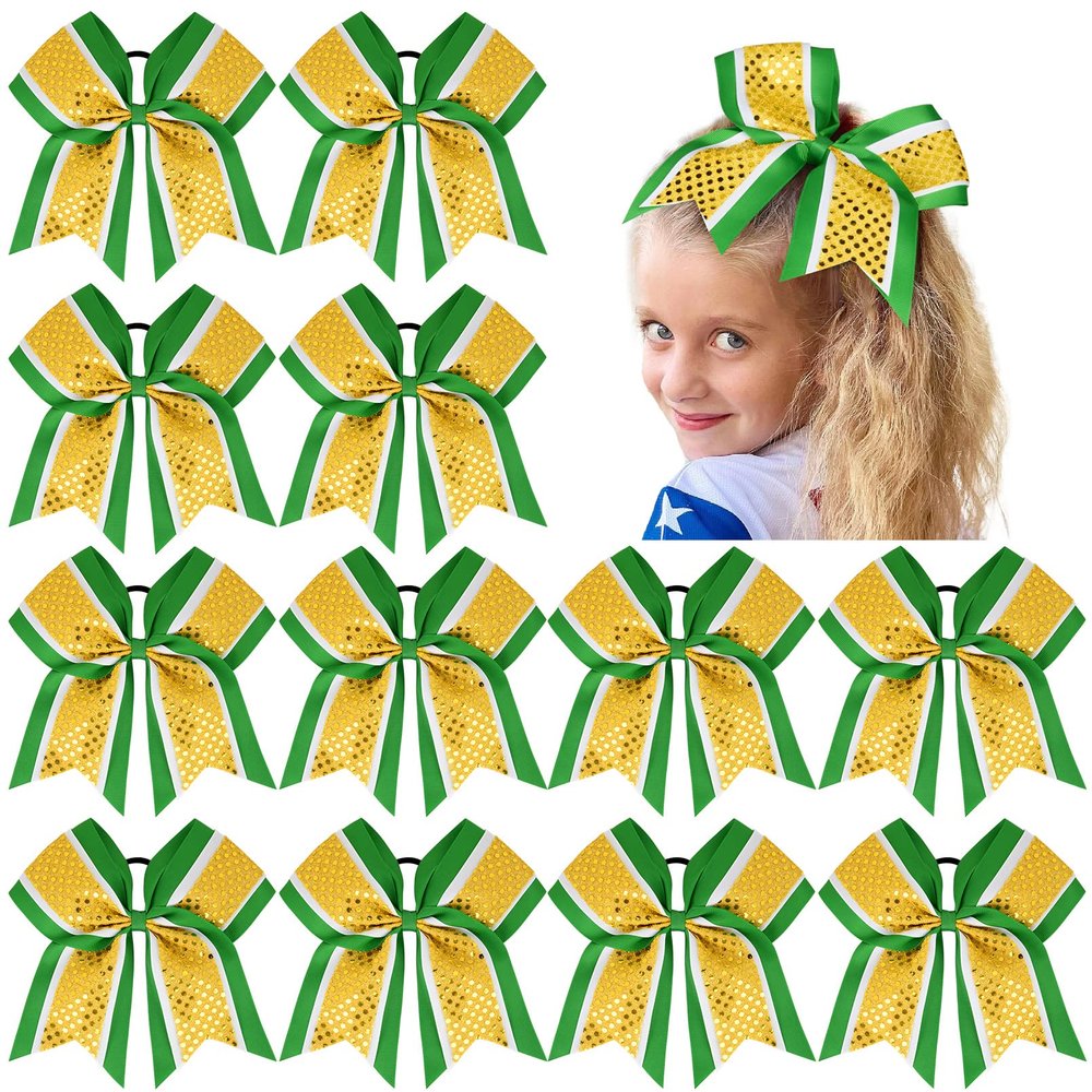 12 PCS 8" Large Glitter Cheer Bows Shiny Girl Hair Bows Ponytail Holder Sparkly Green Cheerleading Softball Team Bow Hair Accessories