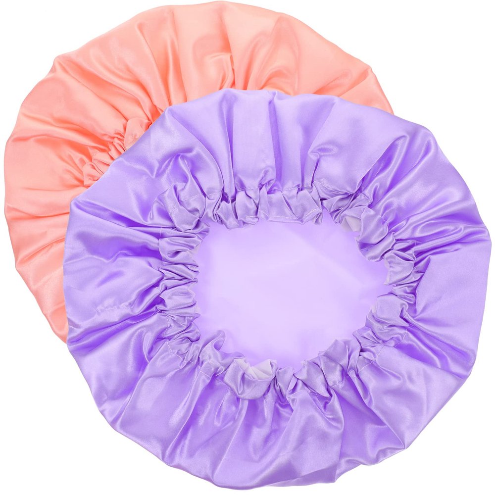 GLEAVI 2pcs Satin Shower Caps for Women Bathing Bonnets Fit for Long Hair Sleeping Includes and Rainbow Colors
