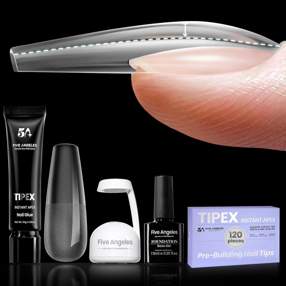 Five Angeles Tipex Instant Apex Nail Tips  Pre-Etched Acrylic Hard Gel Tips Kit for Flat Nails, Long Coffin Deep C Curve, Full Cover Press-On Nails for Beginners, UV Glue & LED Lamp Set