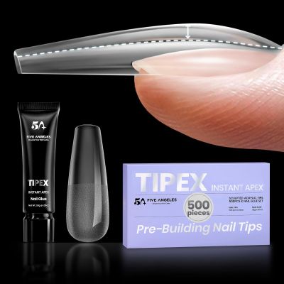 Five Angeles Tipex Instant Apex Gel Nail Tips Kit  500pcs Pre-Etched Sculpted Long Coffin Acrylic Nail Tips, Thicker Full Cover Press-On Nails for Flat Nails, 30g/1.06oz UV Nail Glue Included