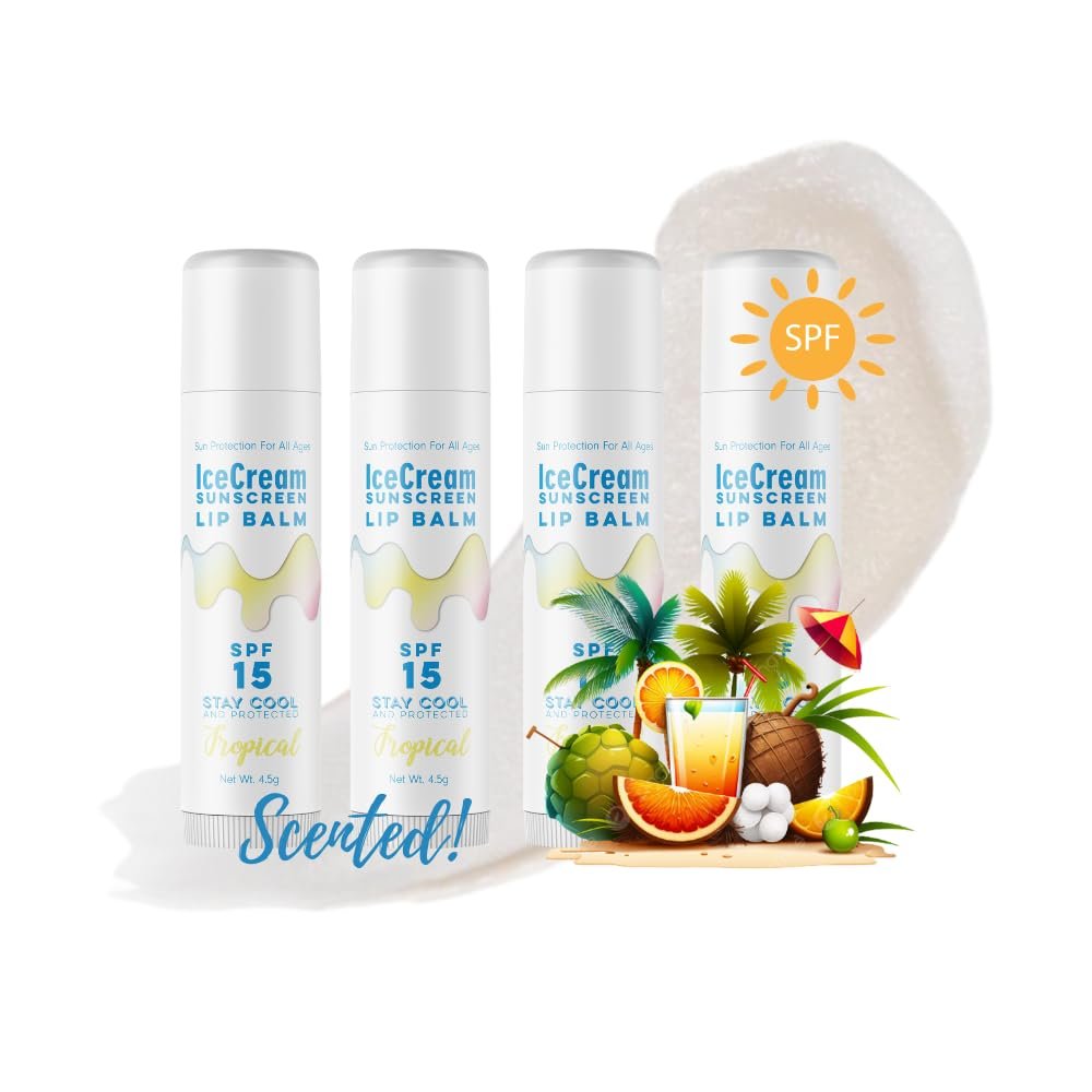 4- Pack Lip Balm Gift Set by IceCream Sunscreen. Tropical Scented Flavor Lip Moisturizer, Water-Resistant Sunblock for Lips, Lip Care for All Ages, Cruelty-Free, & Sulfate-Free, 4.5g