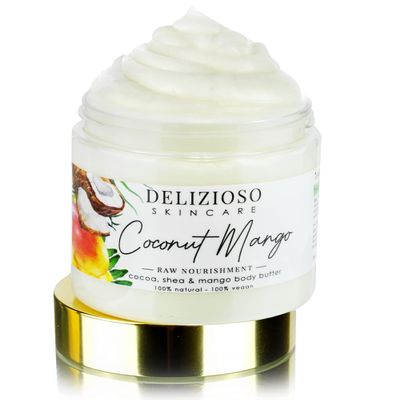 Coconut Mango 100% Natural & Vegan Raw Nourishment Body Butter - Cocoa, Shea & Mango Butter - Rich, Quick Absorbing Moisturizer For Full Body, Hands & Feet - Handmade, Cruelty Free, with Organics, Delizioso Skincare - 8 oz