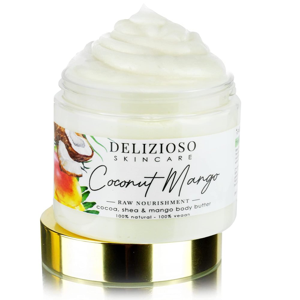 Coconut Mango 100% Natural & Vegan Raw Nourishment Body Butter - Cocoa, Shea & Mango Butter - Rich, Quick Absorbing Moisturizer For Full Body, Hands & Feet - Handmade, Cruelty Free, with Organics, Delizioso Skincare - 8 oz