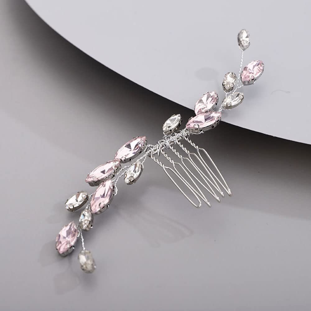 Chargances Bridal Rhinestone Hair Comb Wedding Pink Crystal Hair Vine Comb Vintage Handmade Hair Accessories for Bridesmaid Prom Flower Girls (Pink)