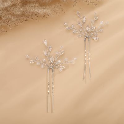 Teyglen 2pcs Crystal Bride Wedding Hair Pins Silver Rhinestones Beads Hair Pins Set Bridal Hair Accessories Gold Black Purple Blue Rhinestones Hair Pieces for Women Girls (Silver)