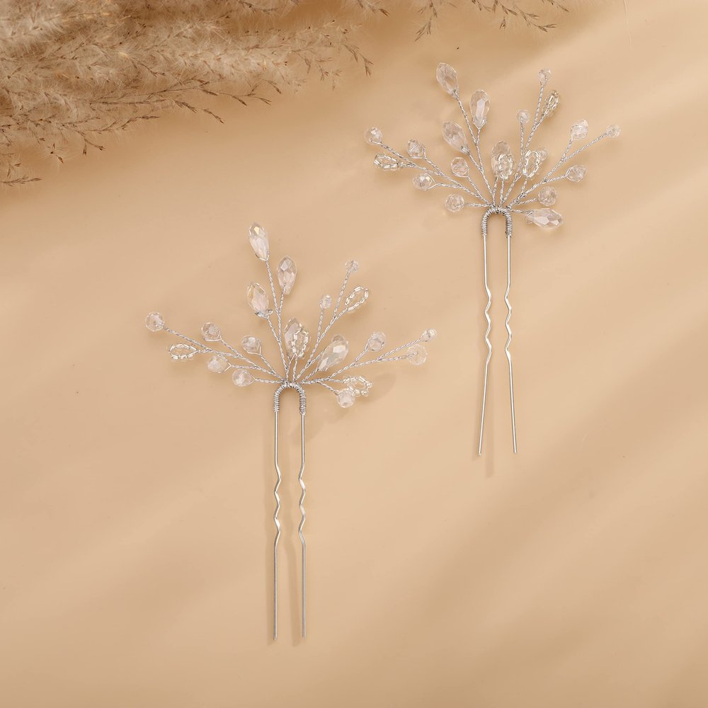 Teyglen 2pcs Crystal Bride Wedding Hair Pins Silver Rhinestones Beads Hair Pins Set Bridal Hair Accessories Gold Black Purple Blue Rhinestones Hair Pieces for Women Girls (Silver)