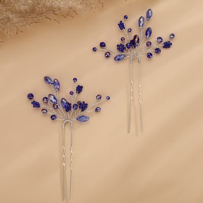 Teyglen 2pcs Crystal Bride Wedding Hair Pins Blue Rhinestones Beads Hair Pins Set Bridal Hair Accessories Gold Silver Purple Red Rhinestones Hair Pieces for Women Girls (Blue)