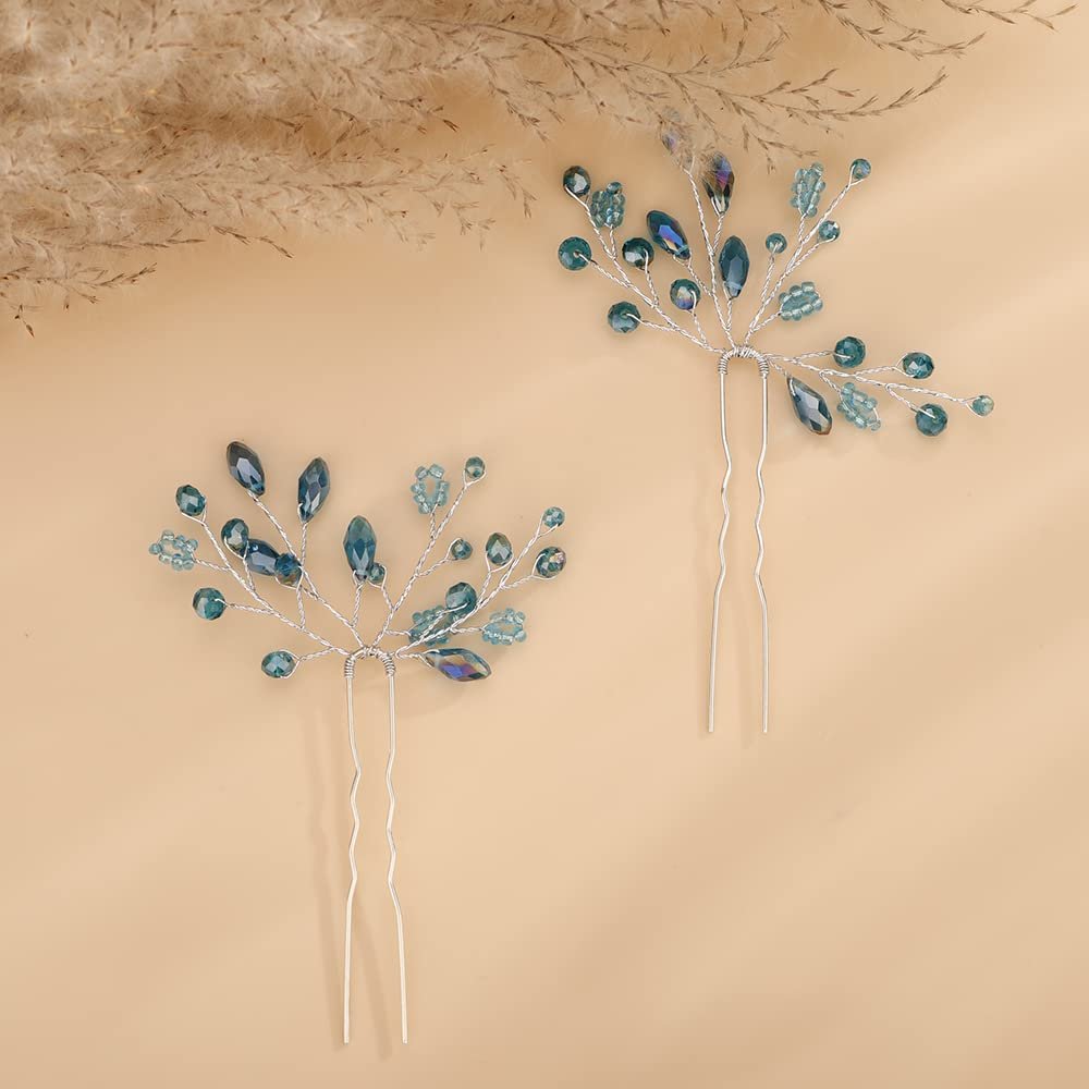 Teyglen 2pcs Crystal Bride Wedding Hair Pins Blue Rhinestones Beads Hair Pins Set Bridal Hair Accessories Gold Silver Purple Red Rhinestones Hair Pieces for Women Girls (Lake Blue)