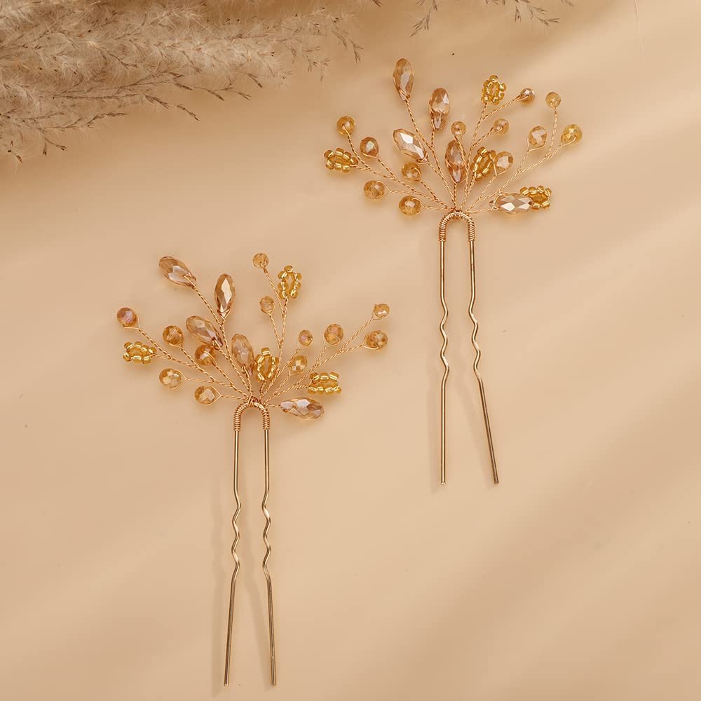 Teyglen 2pcs Crystal Bride Wedding Hair Pins Champagne Rhinestones Beads Hair Pins Set Bridal Hair Accessories Gold Silver Purple Blue Rhinestones Hair Pieces for Women Girls (Champagne)