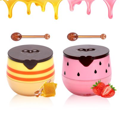 2PCS Bee Lip Balm Honey Pot,Honey Lip Balm With Honey Spoon,Honey Lip Mask Moisturizing Hydrating Prevents Dry and Chapped Lips,Lip Exfoliating Bee Lip BalmHoney+Strawberry