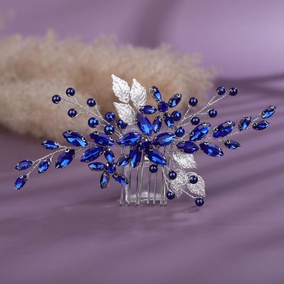 Teyglen Blue Rhinestone Flower Side Hair Comb with Silver Leaf Crystal Headpiece for Women and Girls