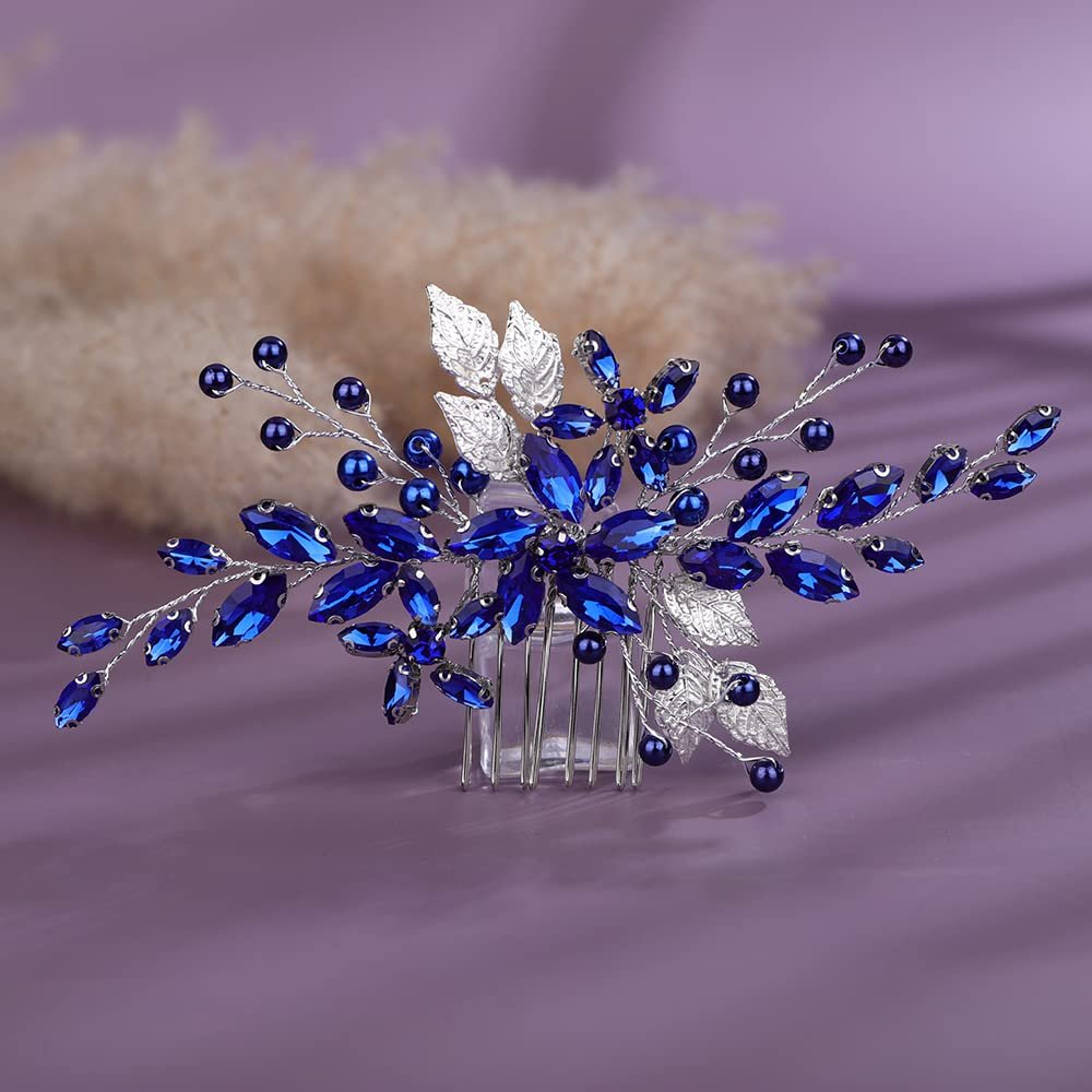 Teyglen Blue Rhinestone Flower Side Hair Comb with Silver Leaf Crystal Headpiece for Women and Girls