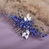 Teyglen Blue Rhinestone Flower Side Hair Comb with Silver Leaf Crystal Headpiece for Women and Girls view 3