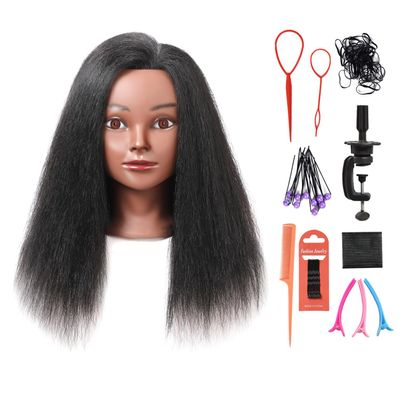 Armmu Mannequin Head with 100% Real Hair, 14" Cosmetology Mannequin Manikin Training Practice Doll Head for Hairdresser Braiding Hair Styling Hairdressing and Clamp Holder- Black
