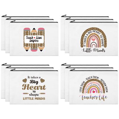 12 Pcs Teacher Gifts Makeup Bags Teacher Appreciation Travel Toiletry Canvas Cosmetic Pencil Survival Kit Bag for Women Zipper Pouch Bag Thank You Gifts Bulk (Rainbow and Pencil)