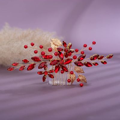 Teyglen Bridal Wedding Hair Combs Flower Red Rhinestones Crystal Side Hair Comb Gold Silver Leaf Crystal Bride Hair Accessories for Women Bride Girls (Red)