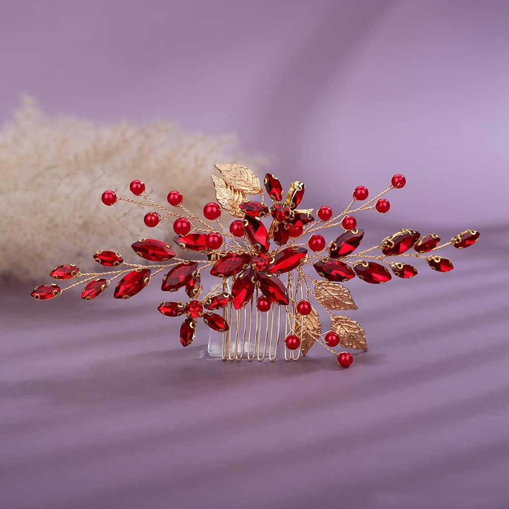 Teyglen Bridal Wedding Hair Combs Flower Red Rhinestones Crystal Side Hair Comb Gold Silver Leaf Crystal Bride Hair Accessories for Women Bride Girls (Red)