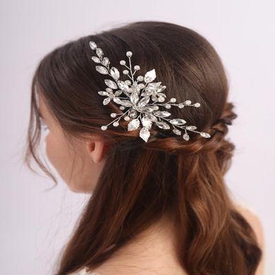 Teyglen Silver Flower Leaf Headpiece Crystal Bridal Wedding Hair Comb for Women Bride Girls (Silver, 15*7cm/5.9*2.75inch, Alloy+Rhinestones + Crystal+Imitation pearls, 1 Count)
