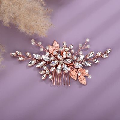 Teyglen Bridal Wedding Hair Combs Flower Rhinestones Crystal Side Hair Comb Gold Silver Leaf Crystal Bride Hair Accessories for Women Bride Girls (Rose Gold)