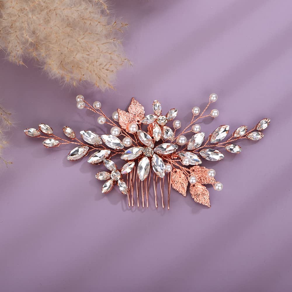 Teyglen Bridal Wedding Hair Combs Flower Rhinestones Crystal Side Hair Comb Gold Silver Leaf Crystal Bride Hair Accessories for Women Bride Girls (Rose Gold)