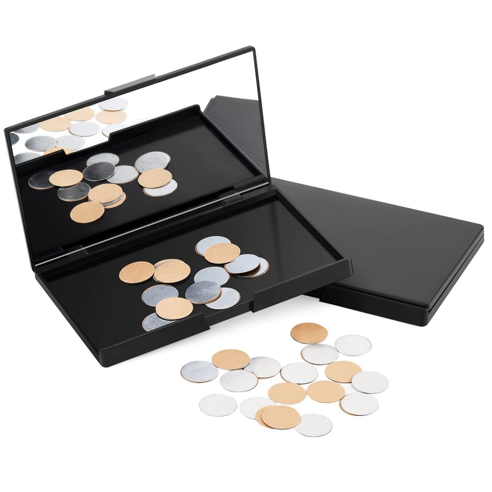 2 Pcs Makeup Plastic Magnetic Palette Magnetic Eyeshadow Empty Cream Blush Palette with Mirror and 30 Round Adhesive Metal Stickers for Eyeshadow Lipstick Blush Powder Foundation, Black