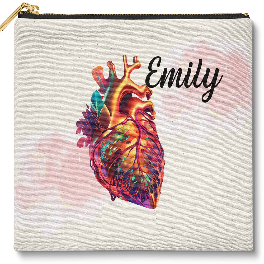 Custom Name Anatomical Heart Cosmetic Bag - Canvas Bag, Christmas Gift for Friends - 9 W x 6" H