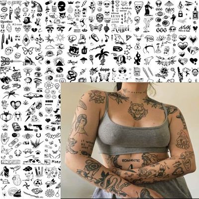 Impressed 48 Sheets Custom Unisex Ignorant Patchwork Temporary Tattoos - Small Semi Permanent Minimalist Black Fake Flash Tattoo for Women and Men - Micro Tiny Adult Hand, Sleeve, Finger Tat for Teens