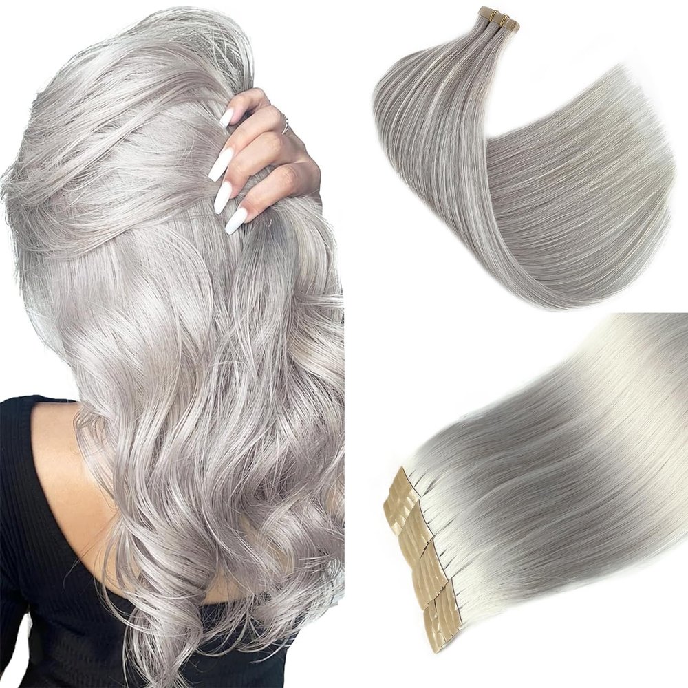 20 Inch Long Straight Platinum Silver Human Hair Tape in Extensions - Invisible Real Hair Extensions - 50g/20pcs