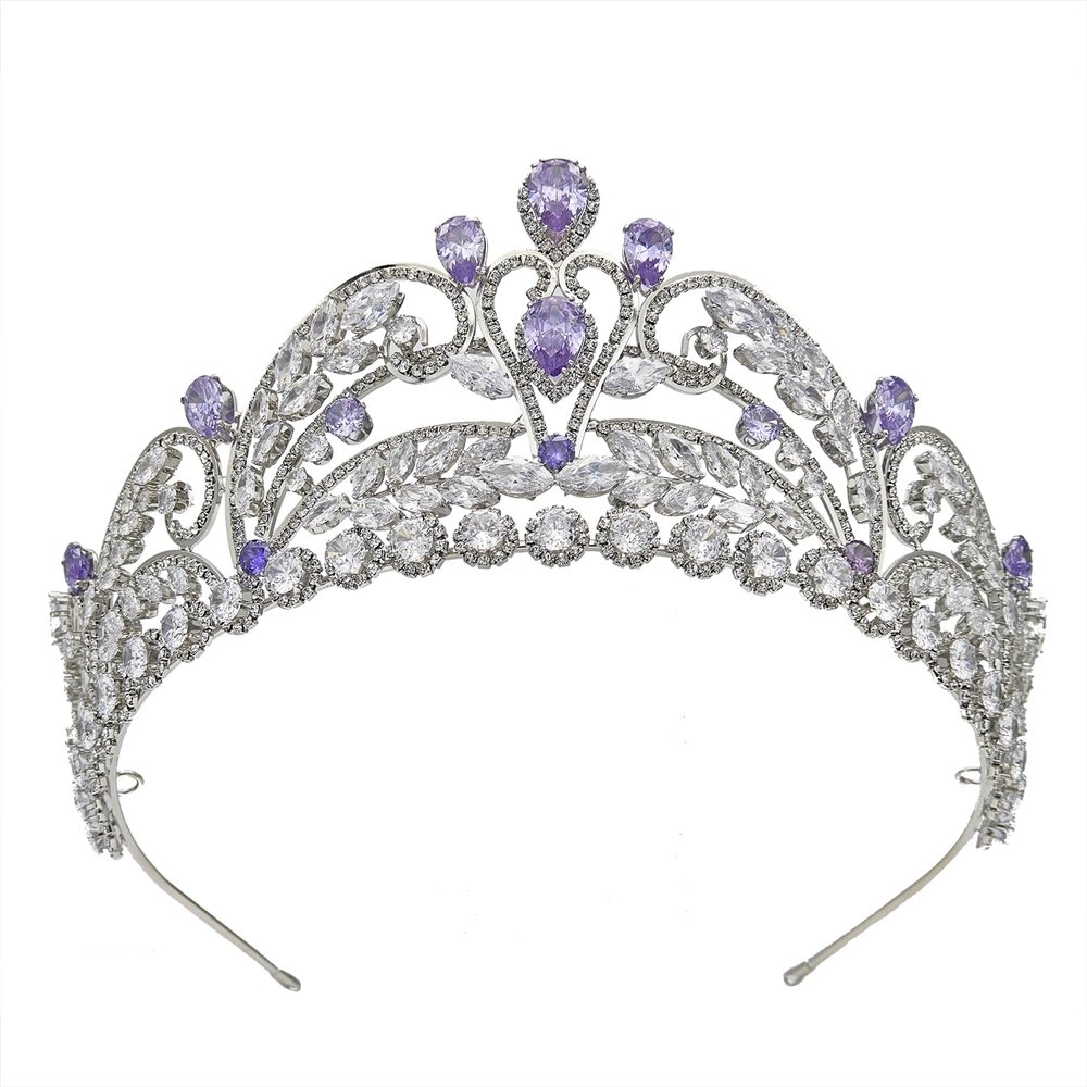 Light Purple Quinceanera Crowns and tiaras lavender Sweet 16 Birthday Crowns for Girls Cubic Zirconia CZ Wedding Headpiece Silver Hair Accessories