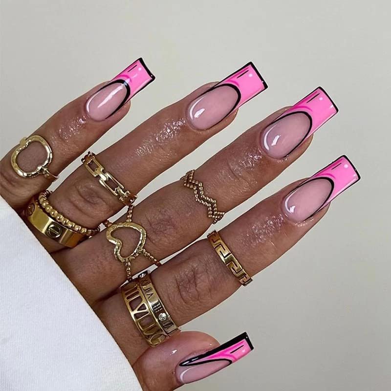 FRUJCDKI pink comic square press-on false nails long coffin style false nails nude pink French ballerina glue-on false nails with glossy design shiny feminine stick-on false nails