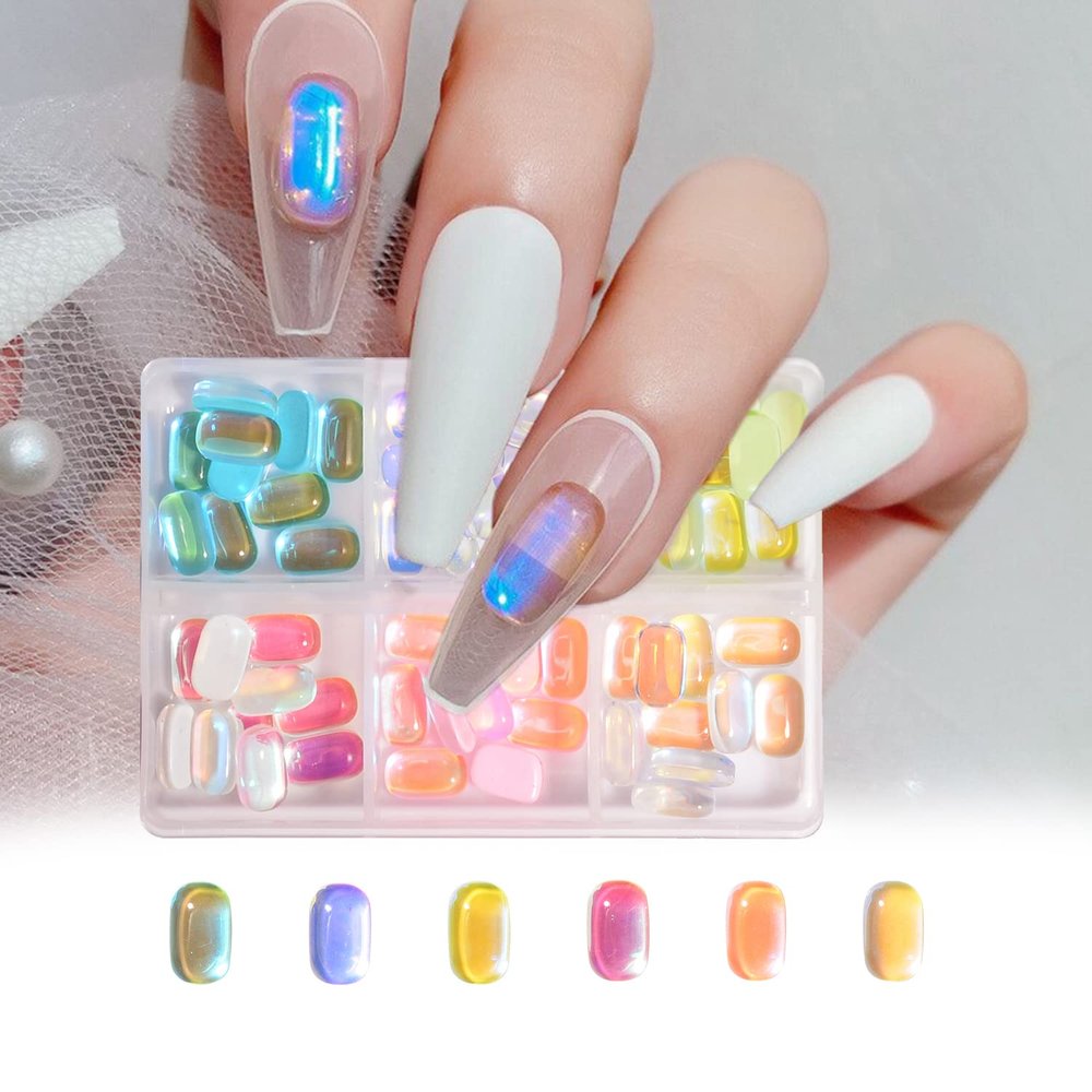 Katfan 60 Pieces 3D Aurora Ice Cube Nail Charms Shiny Light Change Glass Rhinestones Flatback Gems Glitter Studs Diamond Crystal for Girl Jewelry Making Crafts Manicuring Home(6x10mm)
