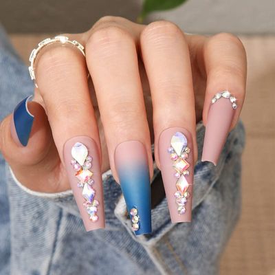 FRUJCDKI Luxury 3D Rhinestone Jewelry Decorative Fake Nails Super Rectangular Press-On Fake Nails Manicure Art Tip Set for Wedding Party