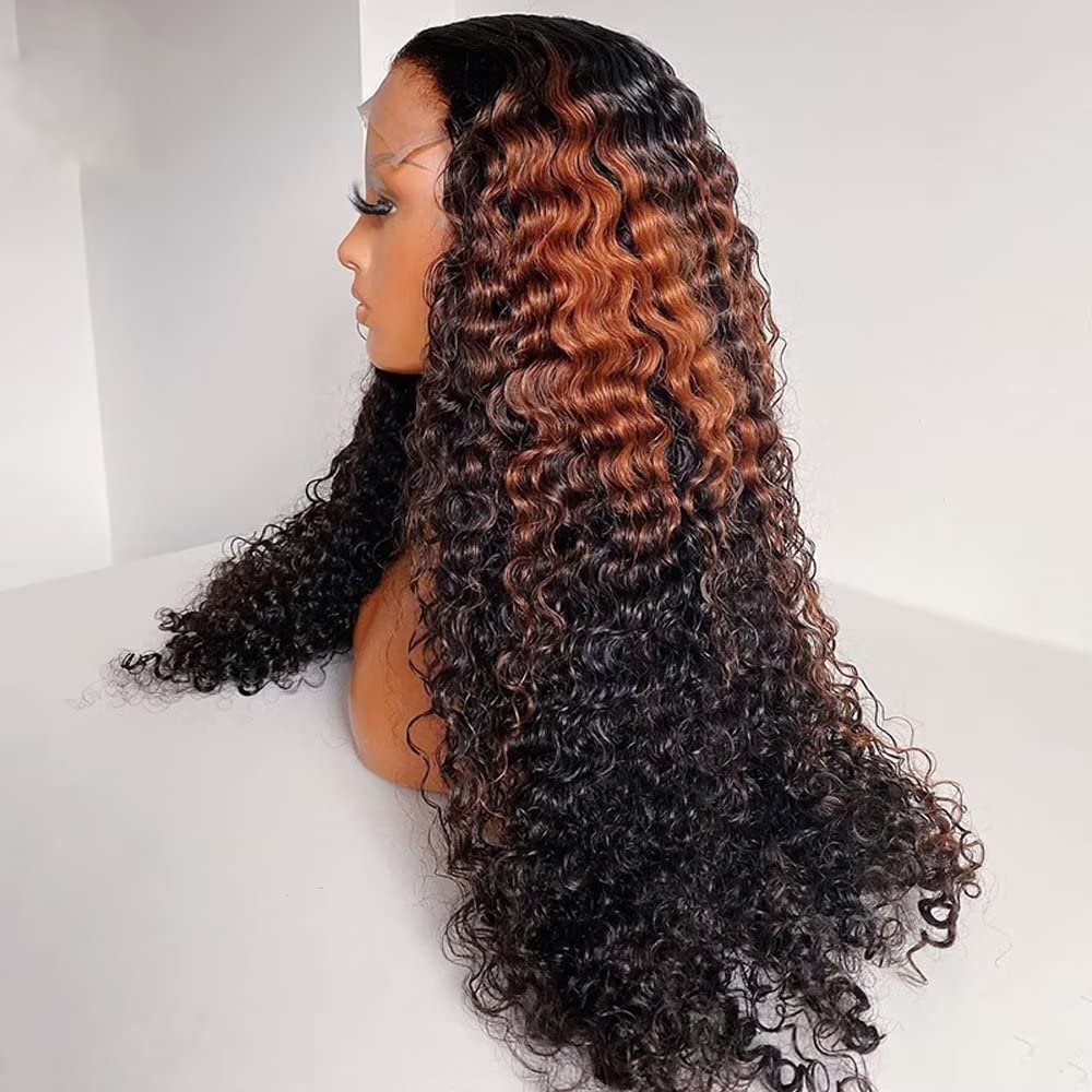 13x4 Deep Curly HD Transparent Lace Front Human Hair Wigs 1B30 Color Pre Plucked Natural Hairline Bleached Knots With Baby Hair for Black Women Brazilian Remy Hair 180% Density 24 Inch